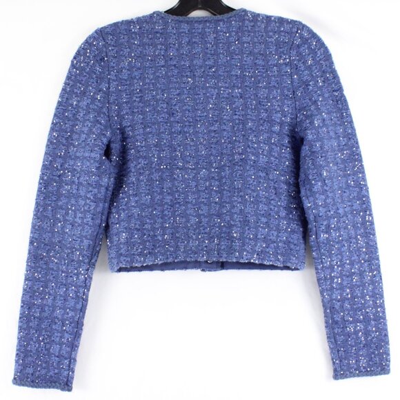 NWT Sandro Cropped Glitter Tweed Effect Coatigan with Braided Trim in Blue FR 0 - Picture 2 of 16
